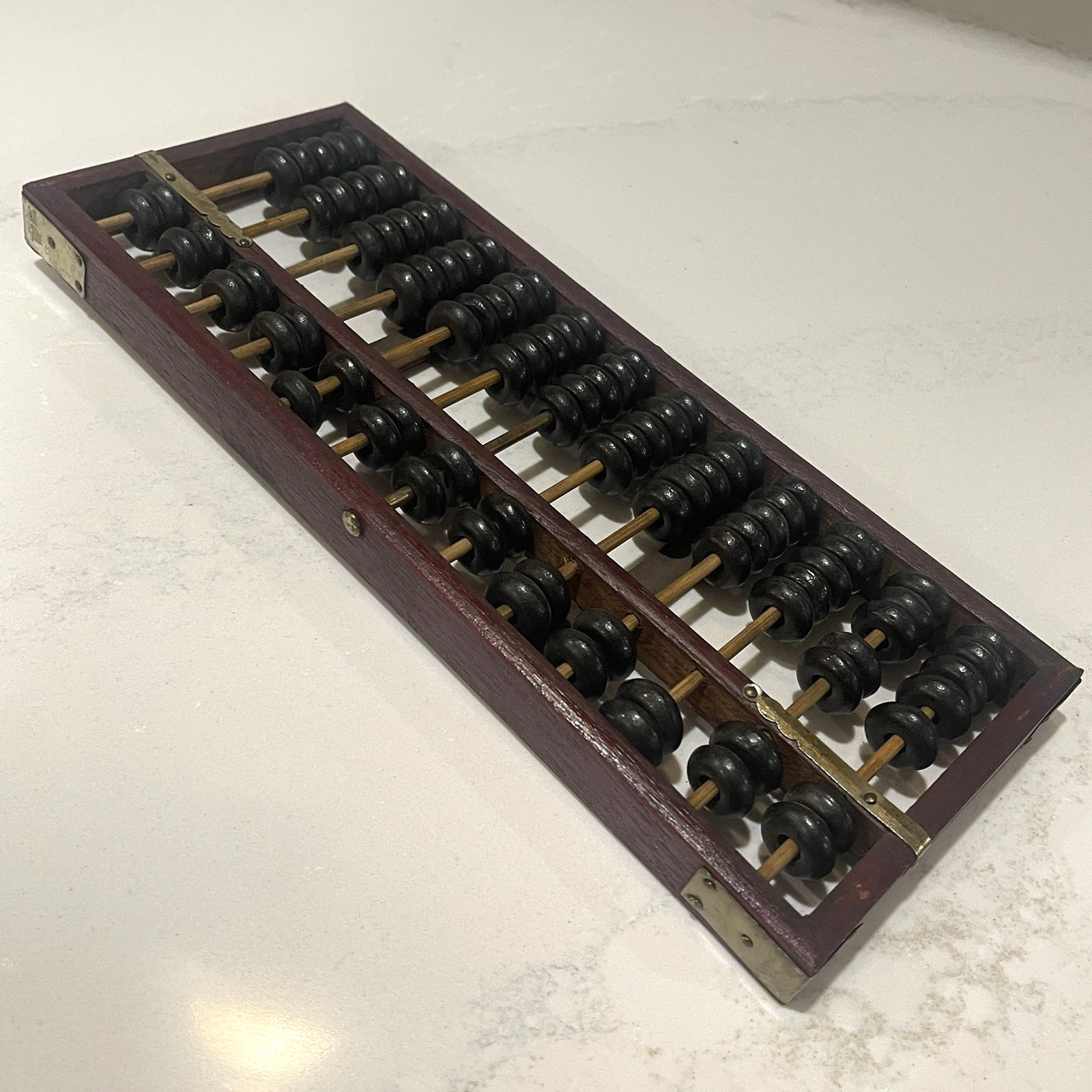 Vintage Abacus Brass Corners Chinese style Calculator Dark Wood 11 x 4.5 inch