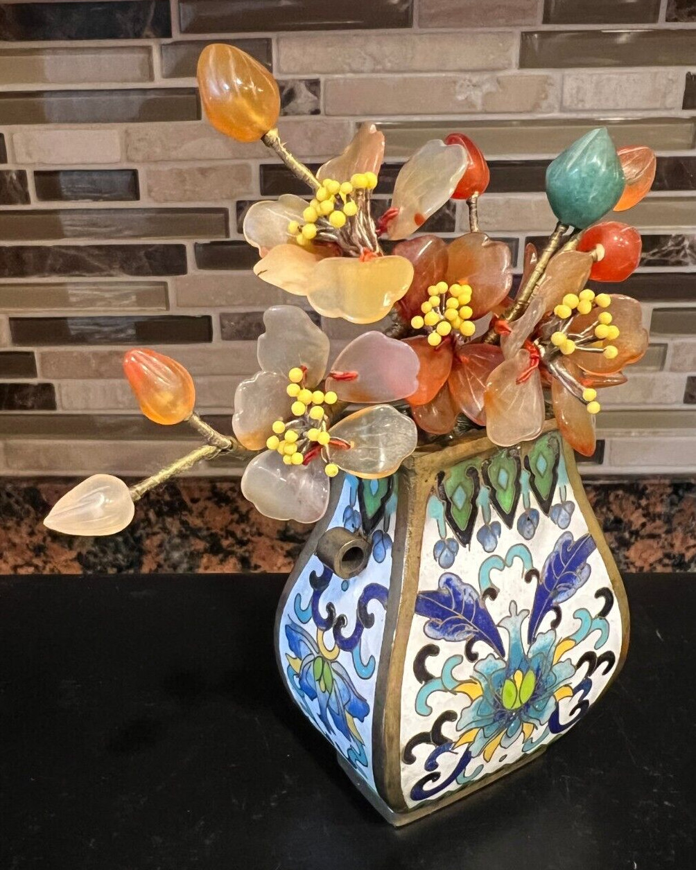Miniature Antique Chinese Carnelian Quarts Jade Flower Tree in Cloisonne Pot