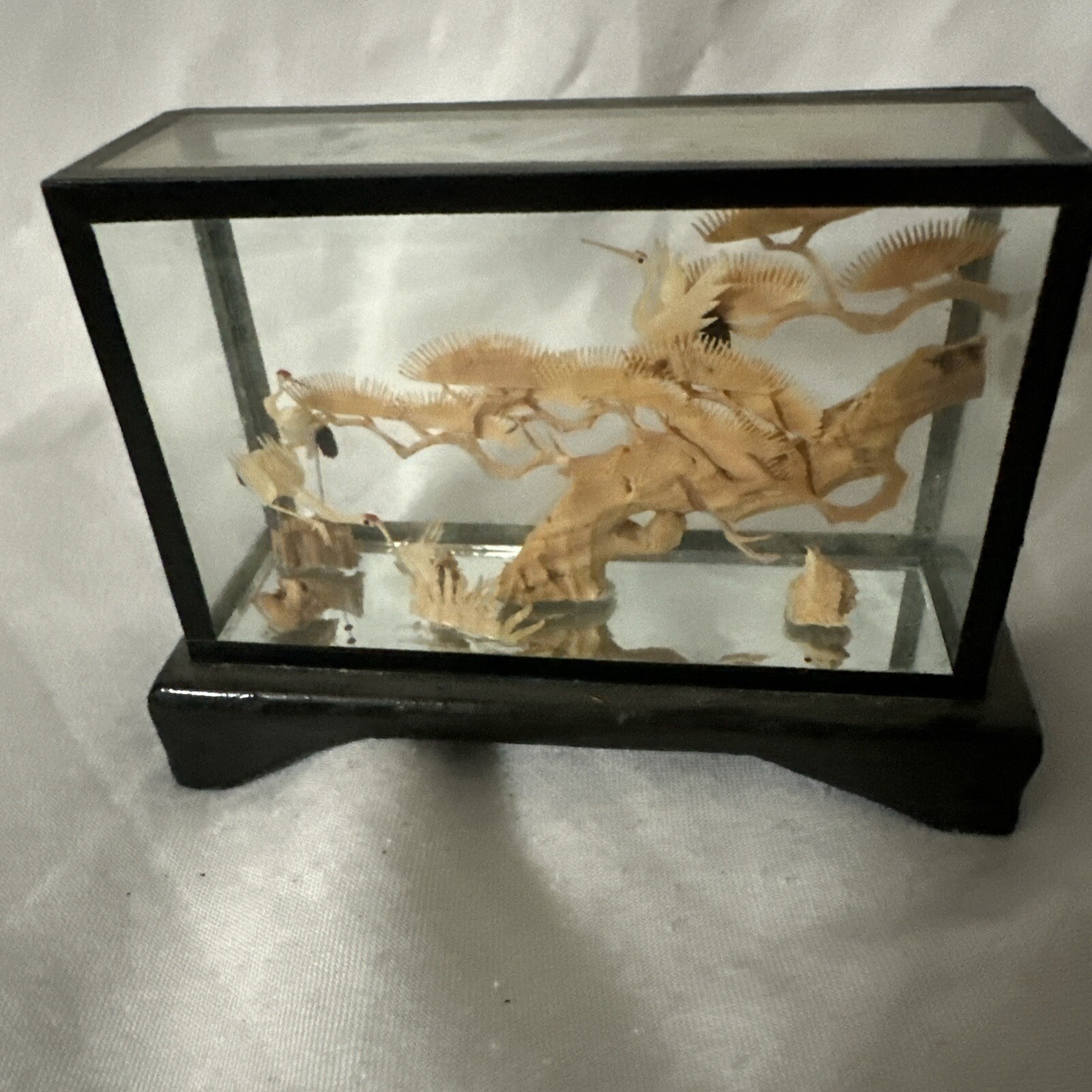 Lacquered Cork Art Small Diorama Hand Carved 3” of Pagoda & Cranes in Black Vtg