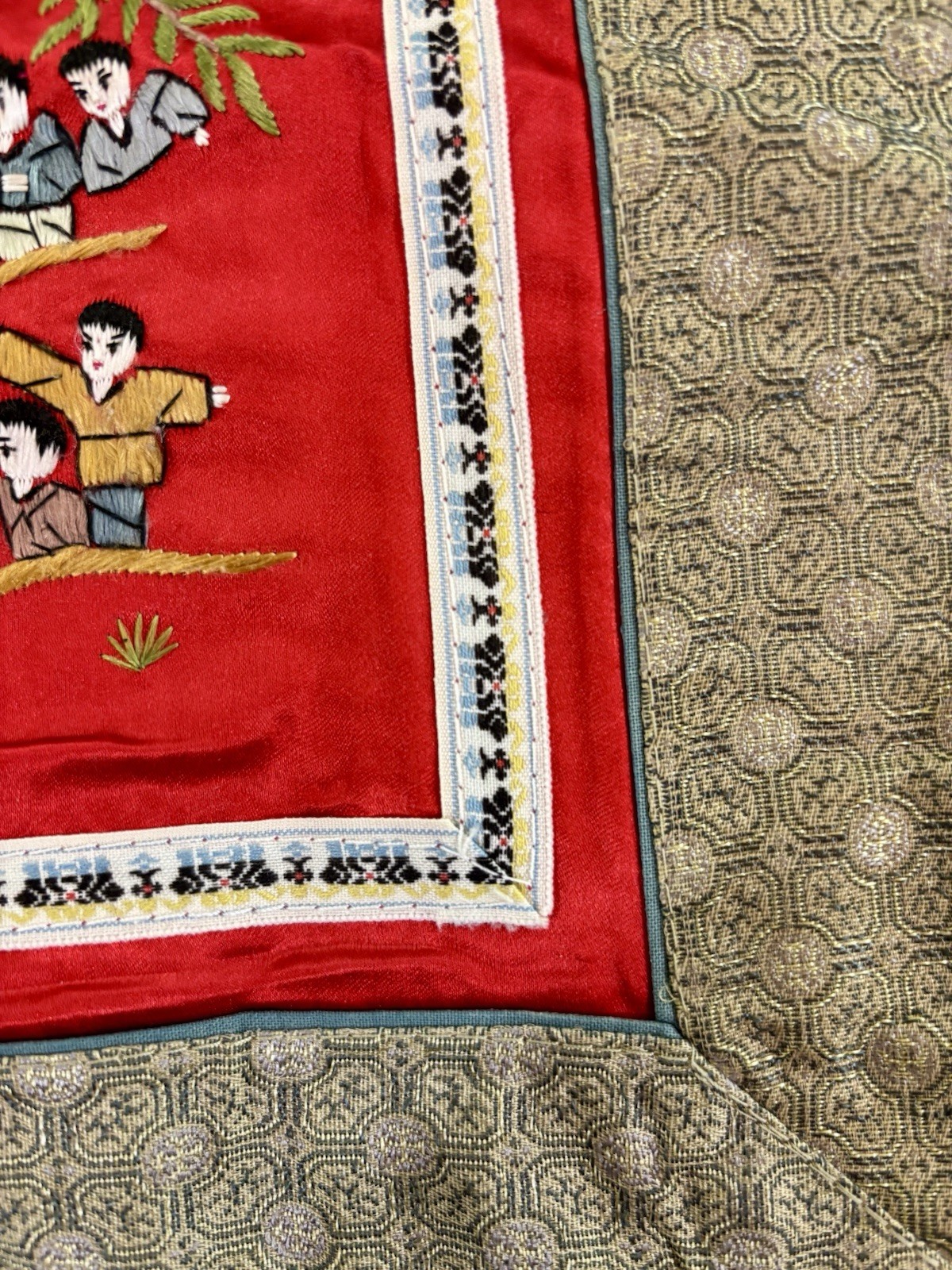 VTG Chinese Embroidered Red Silk Tapestry Children Dragon Boat Fishing Hanging