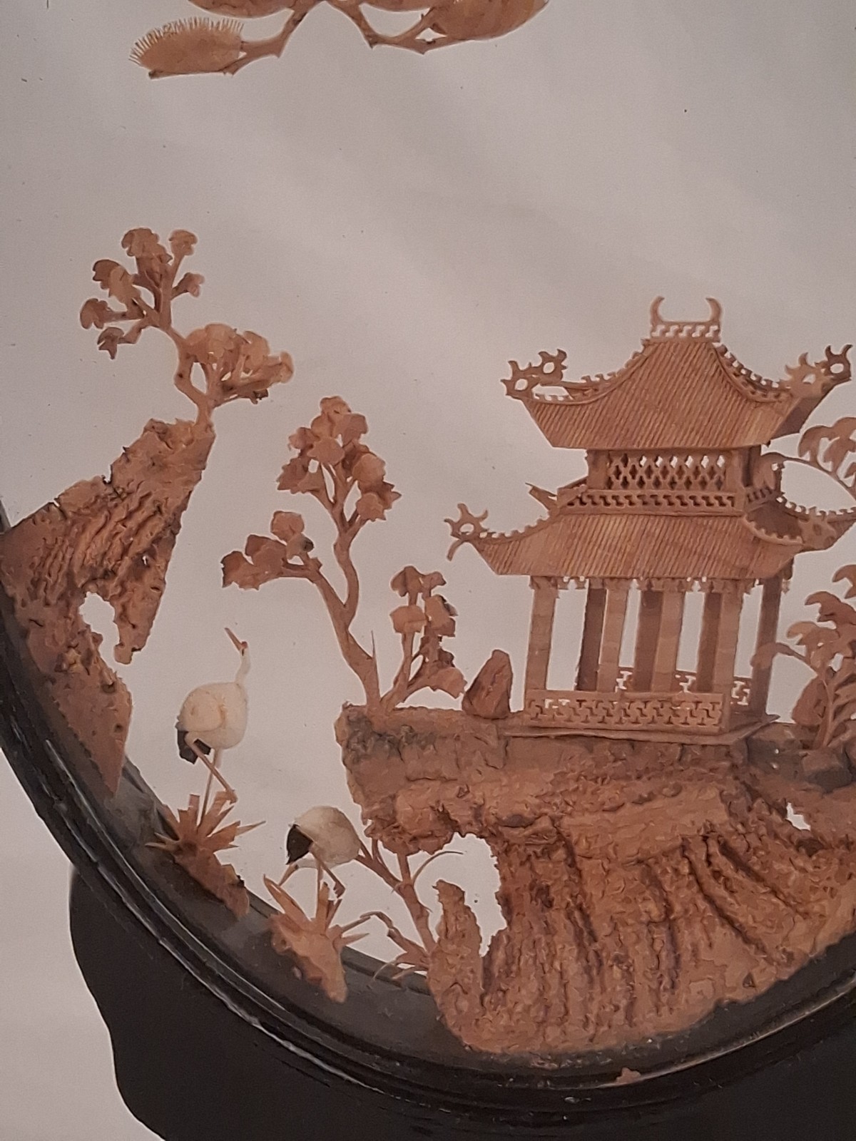 San You Chinese Carved Cork Diorama Glass Case Cranes Pagoda Trees 8 Inch