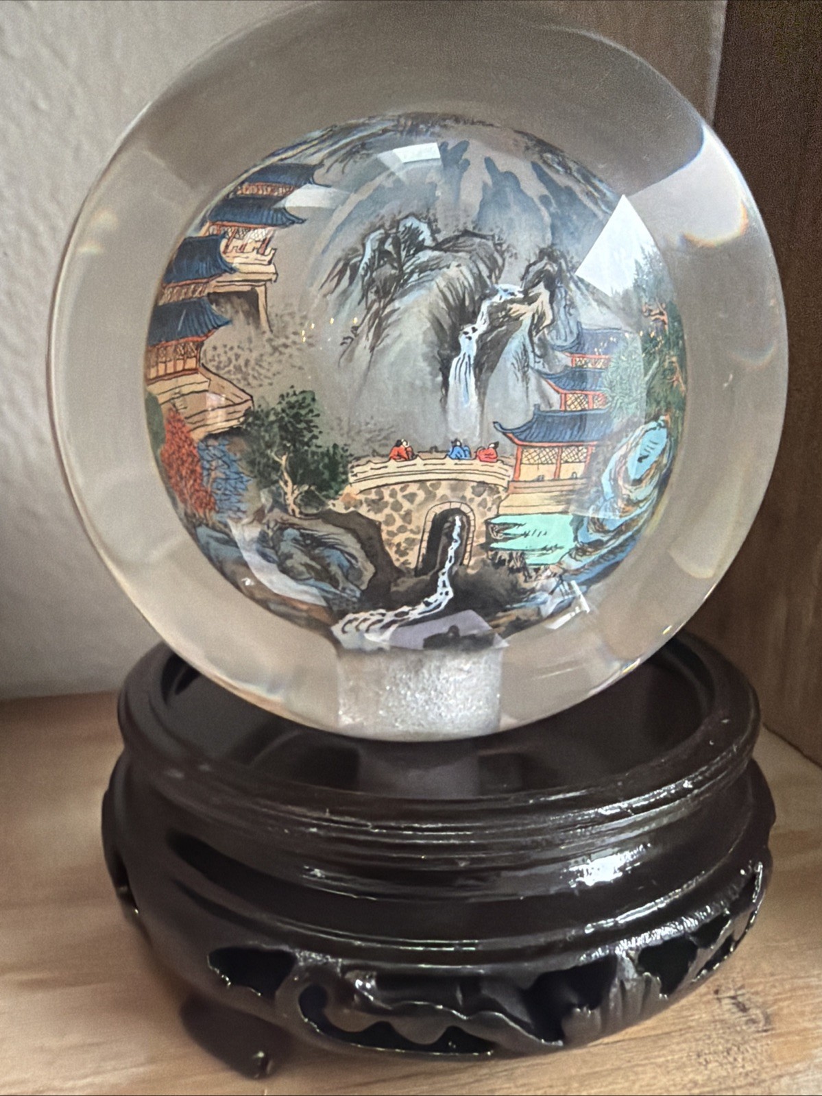 Vintage Chinese Hand Painted Reverse Art 4.5″ Glass Globe On Wooden Stand
