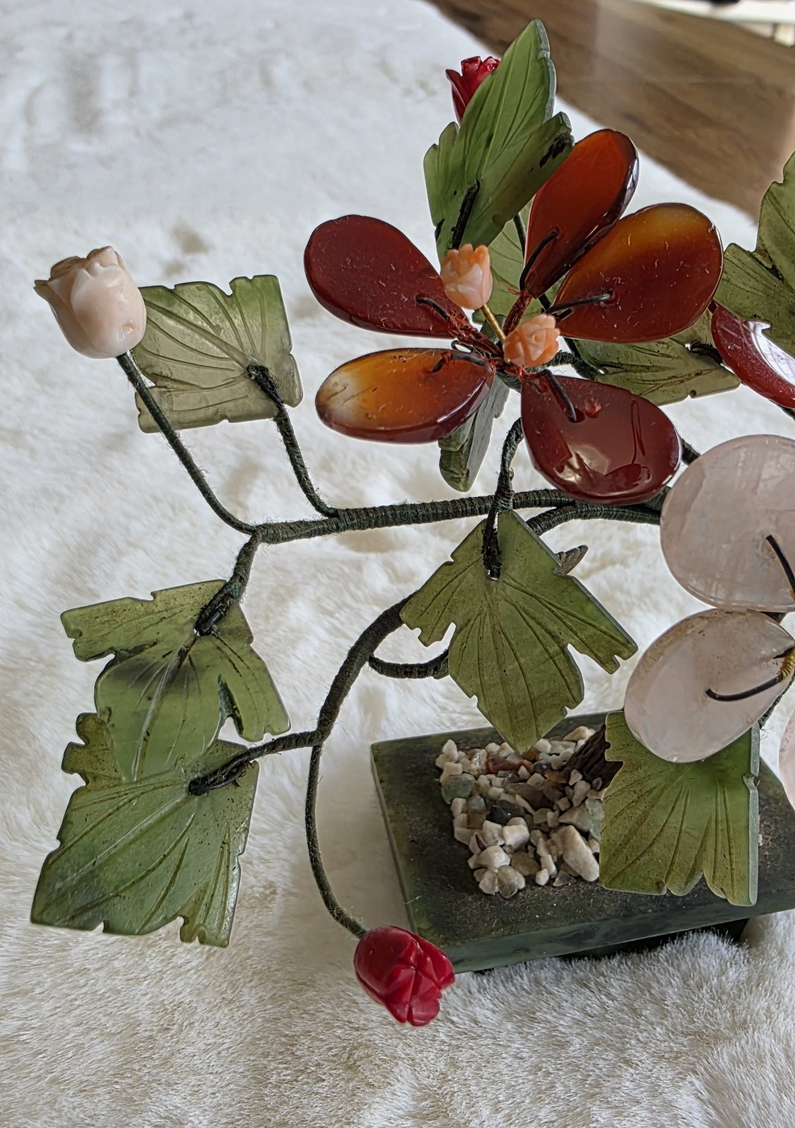 Small Hand Carved Chinese Jade & Semiprecious Stone Flower Bonsai Tree Figurine