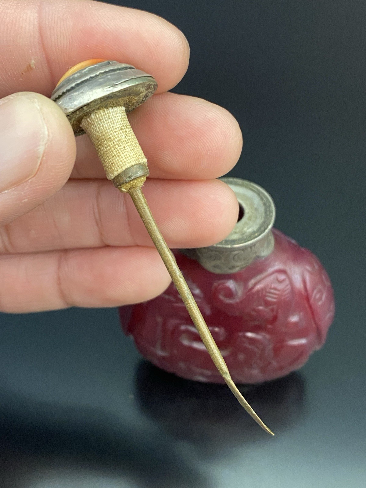 Antique Chinese Ruby Red Peking Glass Steling Silver Top Carved Snuff Bottle