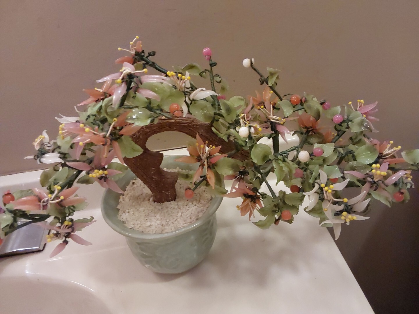 Vintage Jade & Glass Bonsai Tree Multi-Color Chrysanthemum Blossoms Celadon Pot