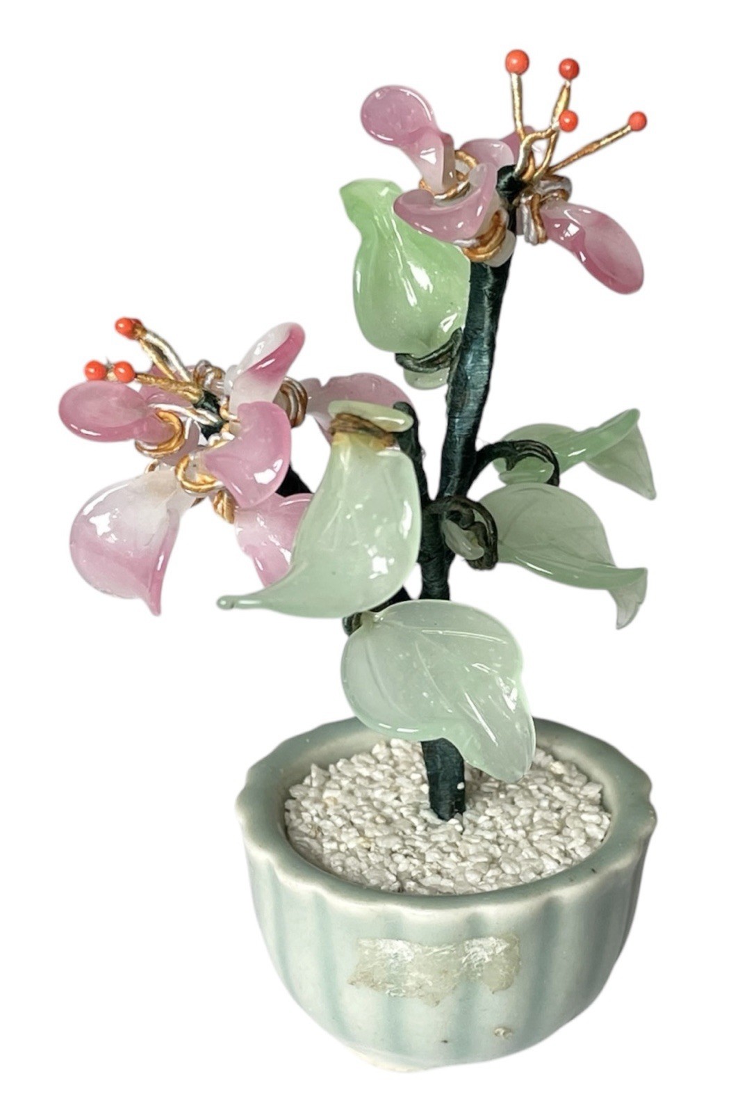 Lot of 3 Vintage Mini Jade Glass Flower Bonsai Tree Celadon Green Pot 3”