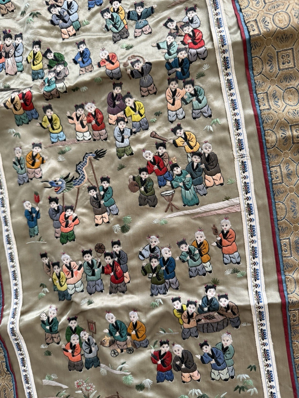 Chinese Embroidered Silk Textile Multicolor Rectangular with Children Motif