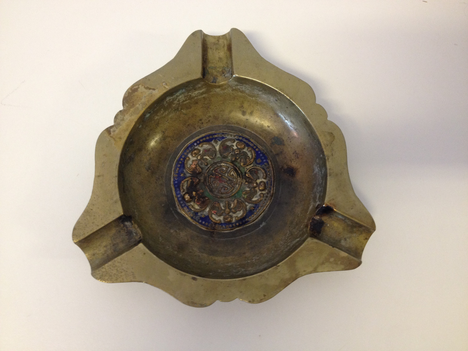 Vintage Antique Chinese Brass Ashtray w/ Enamel, Bats & Symbol Decoration