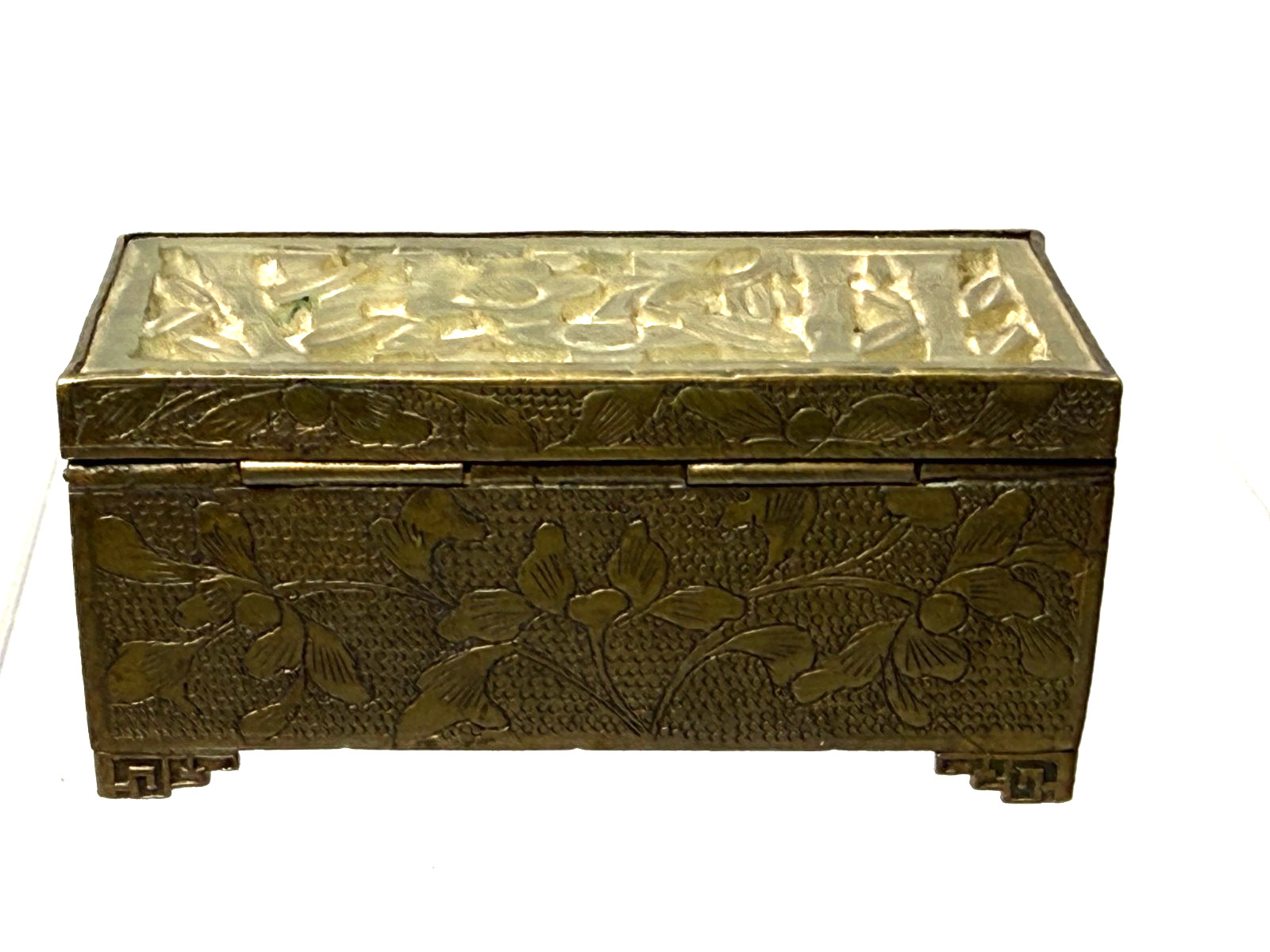 Vintage Chinese Etched Brass and Carved Jade Hinged Box