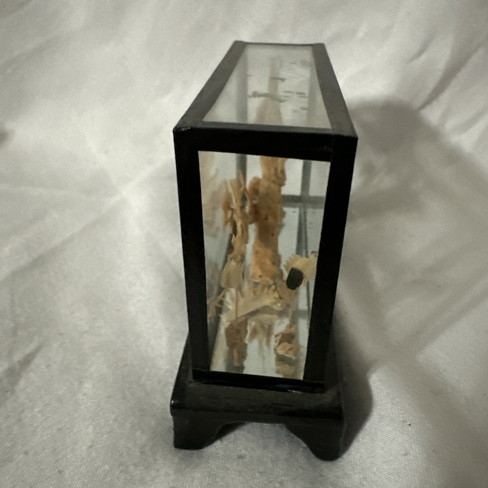 Lacquered Cork Art Small Diorama Hand Carved 3” of Pagoda & Cranes in Black Vtg