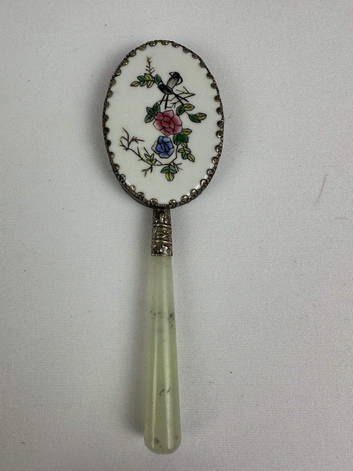 Chinese Decorative Small Hand Mirror w/ Green Stone Handle & Porcelain w/ Birds