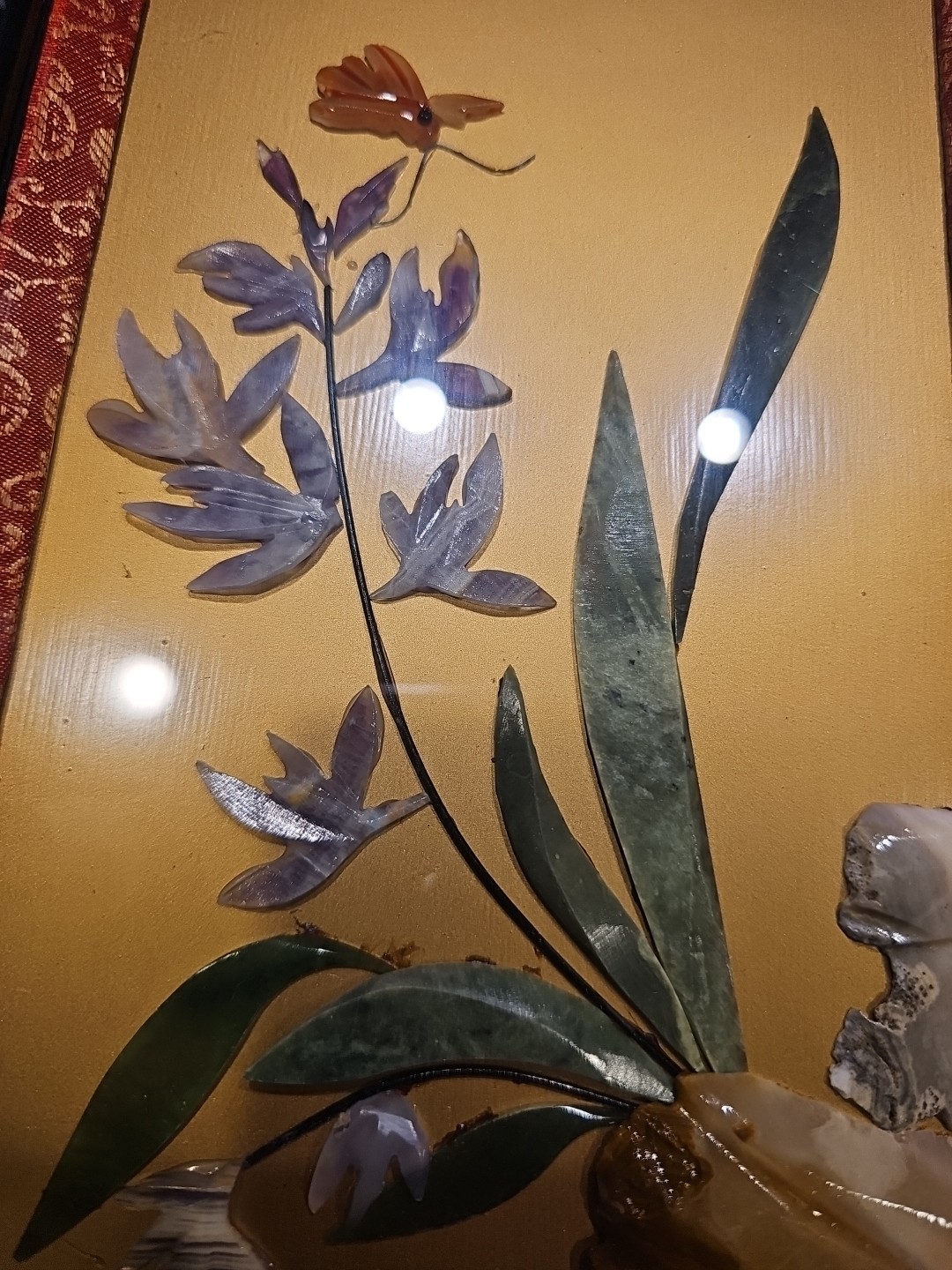 Vintage Chinese Pair of Jade Floral Plaques Wall Hanging Butterfly And Bird