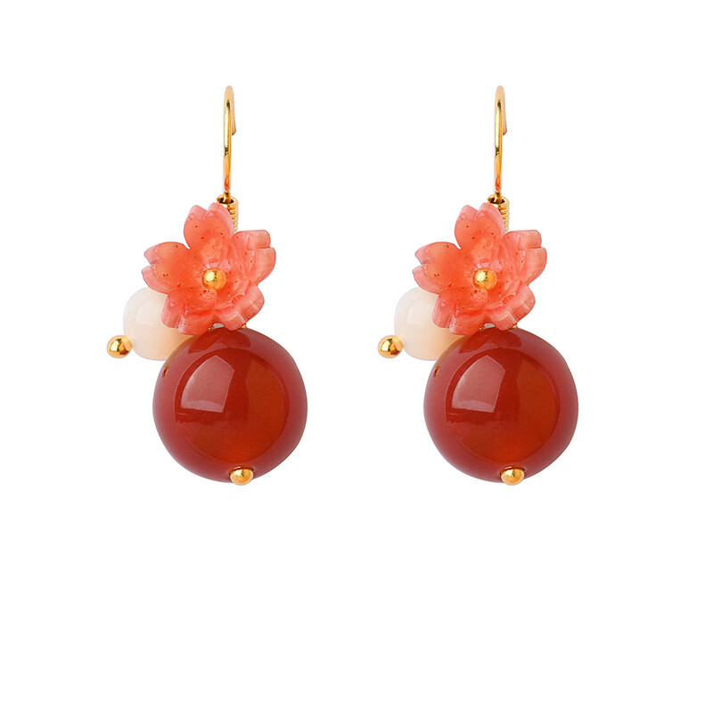 China Agate/Coloured Glaze Flower Tibetan Style Exquisite Earbob Earrings