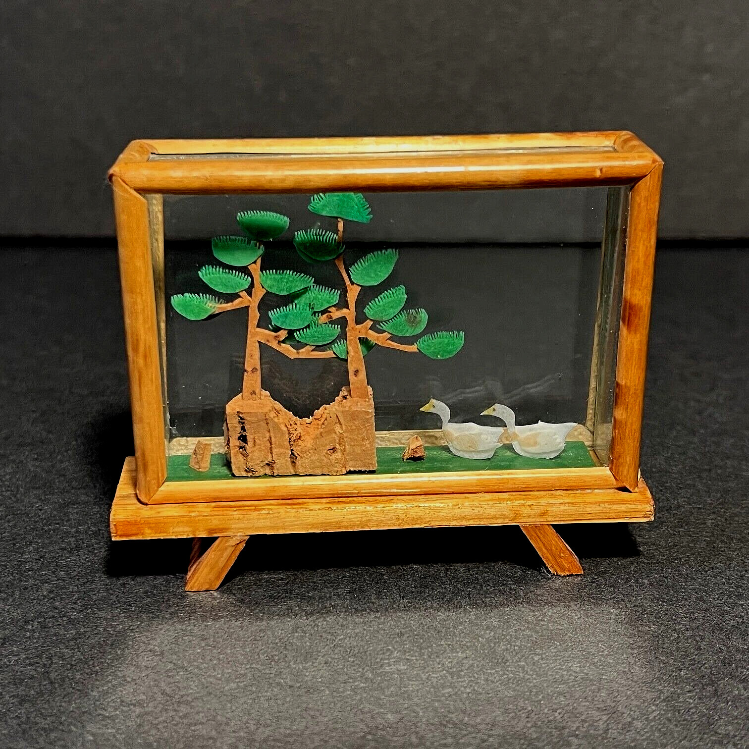 Vtg Small Chinese Carved Cork Diorama Trees Swans Rocks 3D Glass & Bamboo Case
