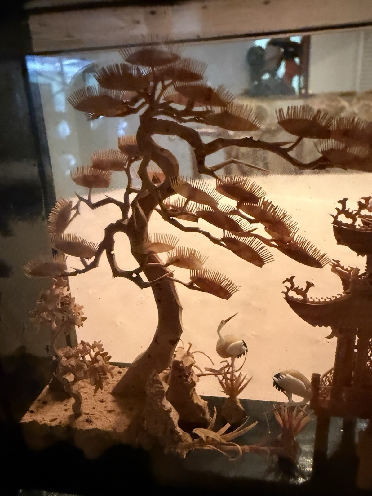 Vintage Chinese San You Cork Art Hand Carved Diorama Pagoda Cranes Trees