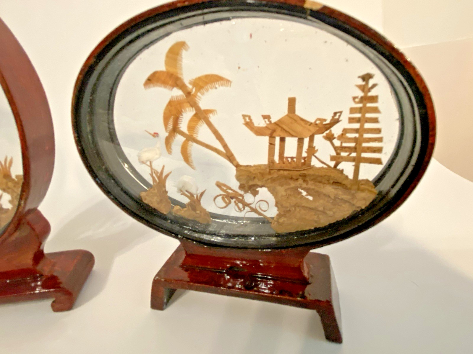 VINTAGE CHINESE DIORAMA CORK CARVING GLASS CASE PAGODA TREES & CRANES.
