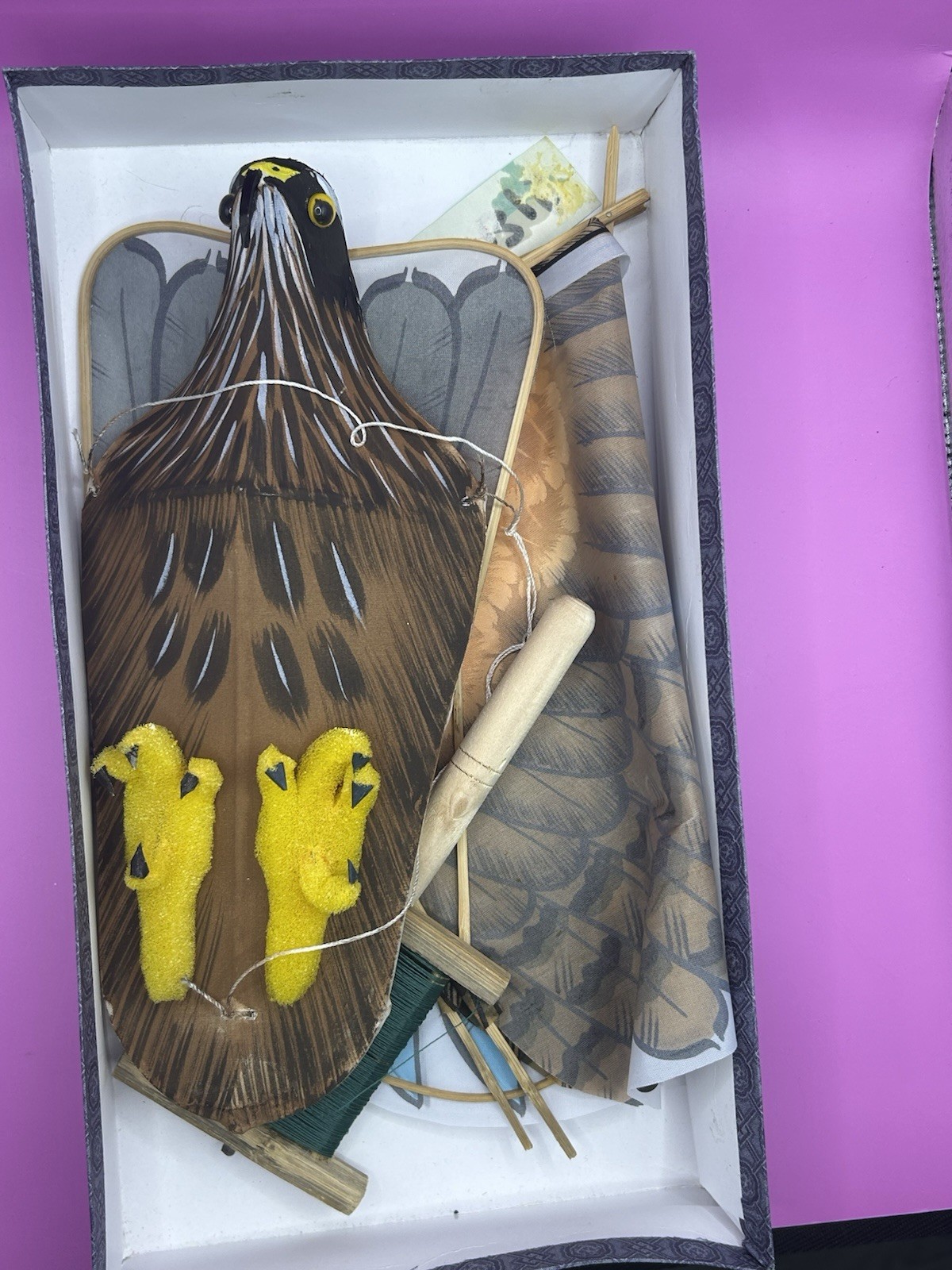 Vintage Chinese Silk & Bamboo Eagle Bird of Prey Kite with Box 36″ wingspan Rare
