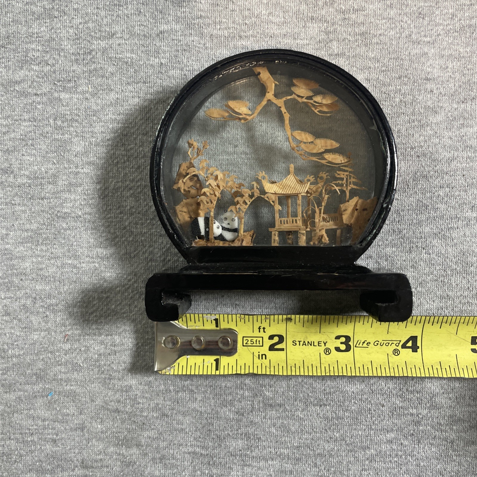 Vtg. Carved Cork Chinese Art Diorama with Pandas Pagoda and Trees Black Lacquer