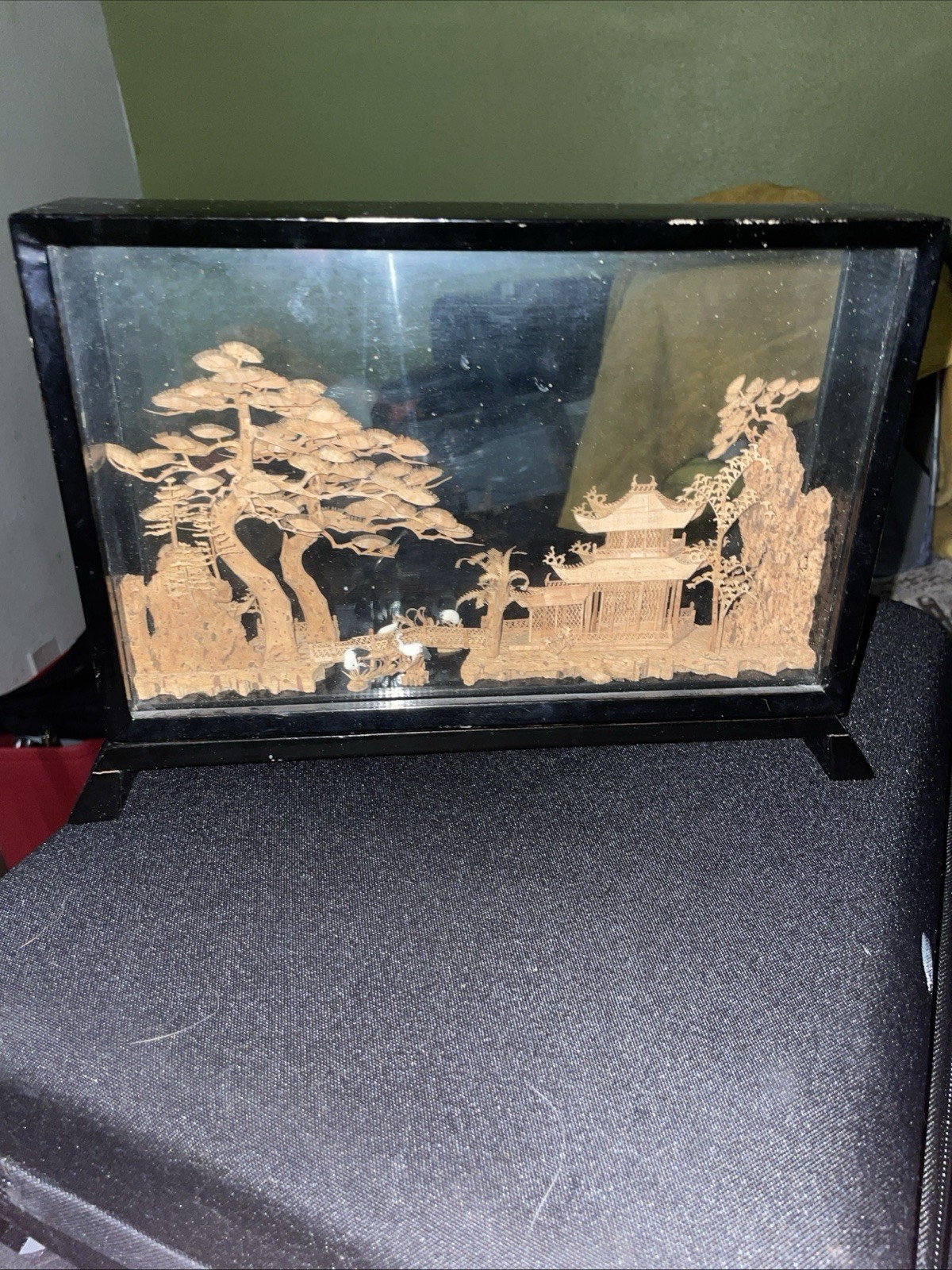 Vintage Chinese Carved Lacquer Pagoda Diorama Tray