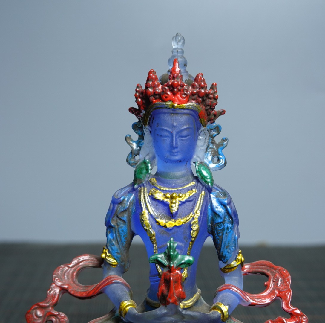 5.1″ Collect Coloured Glaze Painted Tibetan Buddhism Longevity Buddha Sit Statue