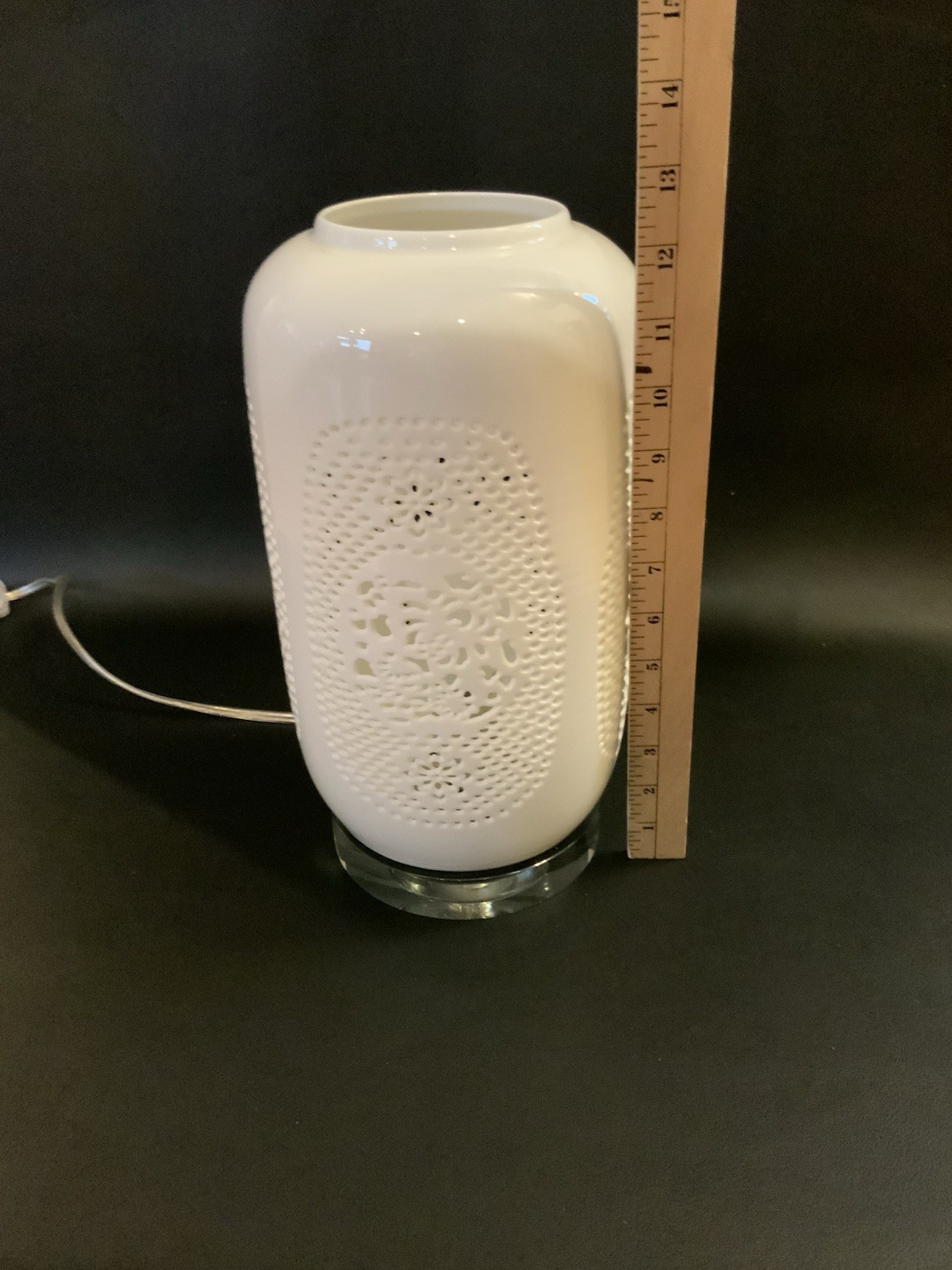 Lamp Pierced White Bone China W/Lucite Base Modern