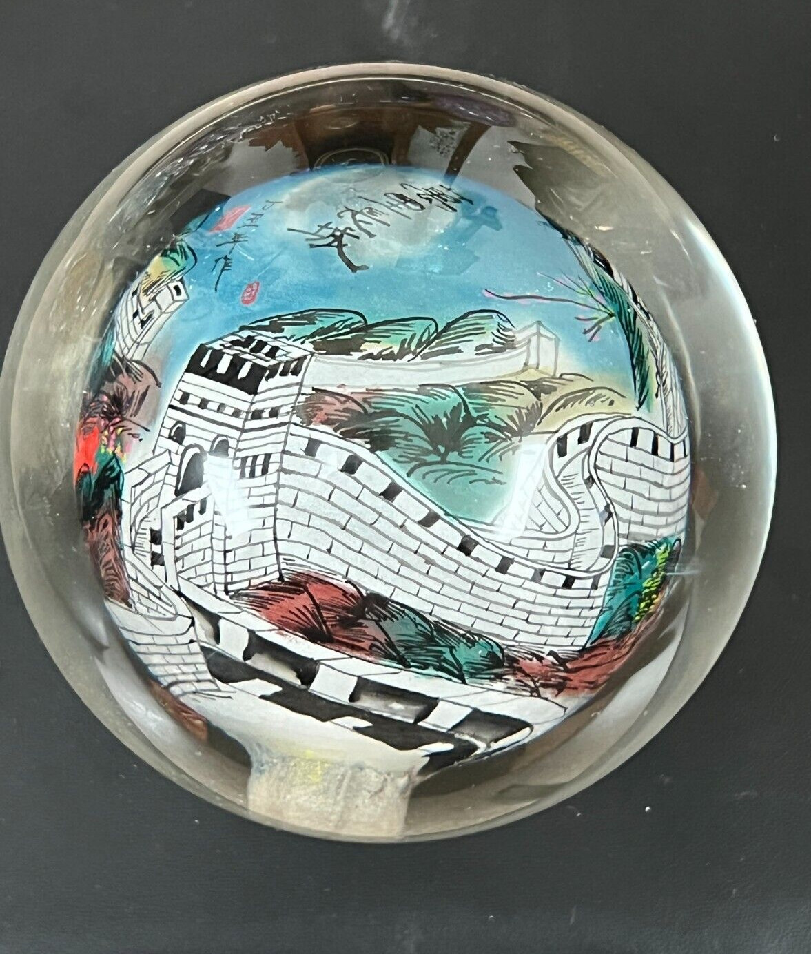 Chinese Handpainted Reverse Glass Painted Sphere Orb Globe Signed 3 1/2″Diameter