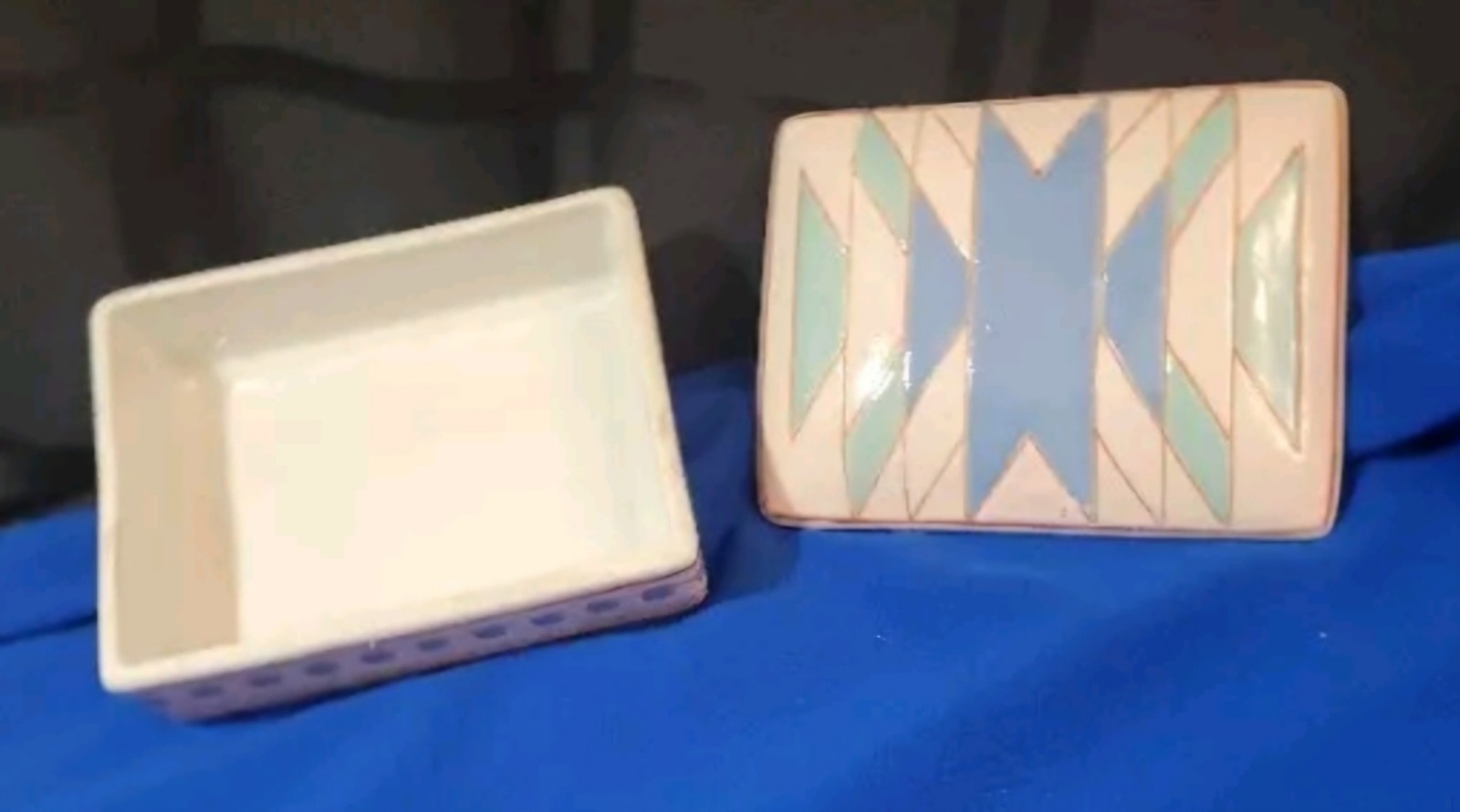 Aztec Trinket Box Jewelry Porcelain Macau Painted Design Blues 3.5×4.5x 1 3/4