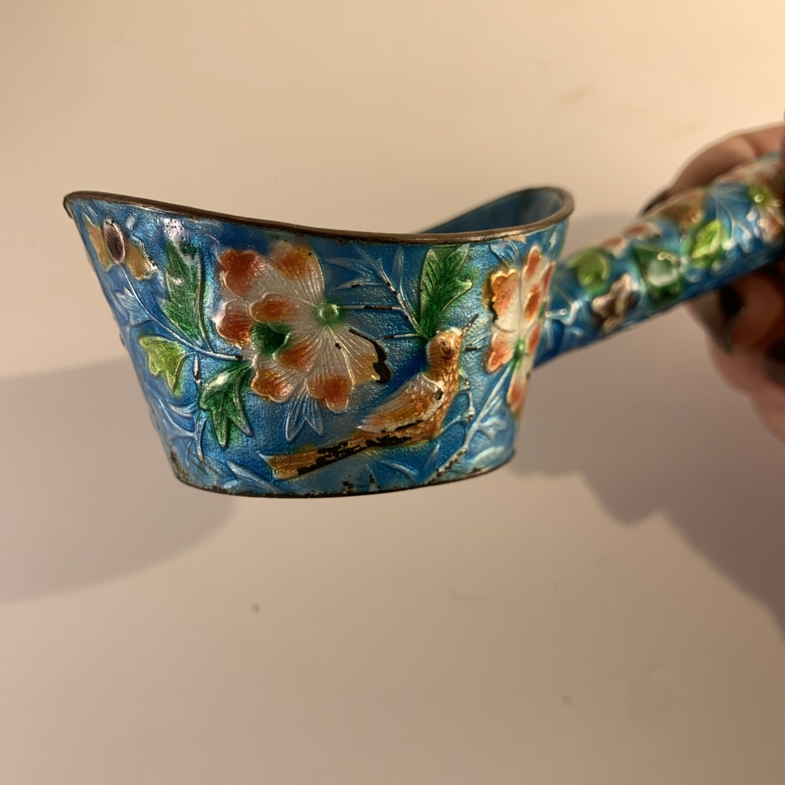 Antique Chinese Cloisonné Silk Iron Turquoise Bird Floral Dipper Scoop Qing Dyn