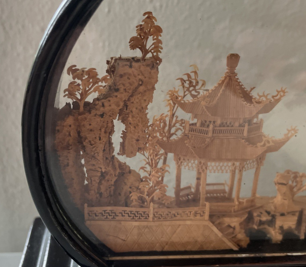 Vintage Chinese Cork Carving Diorama in Black Display Case Cranes Pagoda Trees