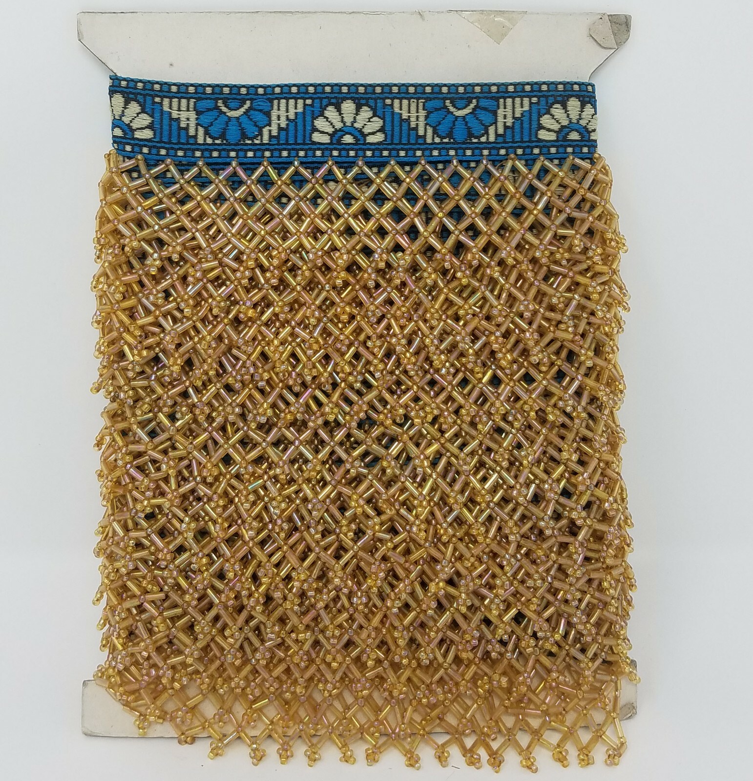 Bolt 5 Yds VTG Gold Glass Bugle Beaded Craft Sewing Fringe Trim Made in India