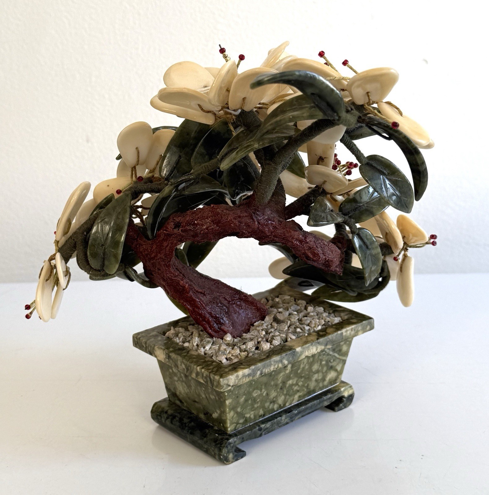 VTG Bonsai Tree Jade Pot Carved Semi Precious Stone Quartz Agate Flowers Blossom