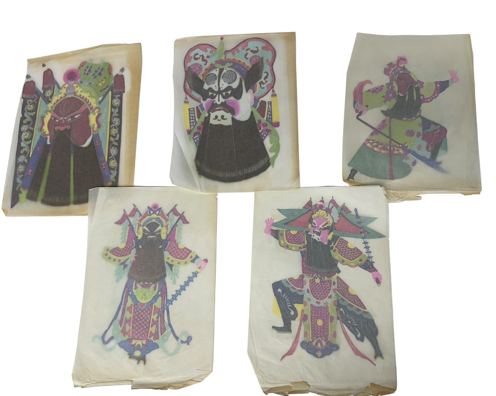 5 Vintage Chinese Opera Masks Paper Cut Out Warrior Peking Lianpu Colorful