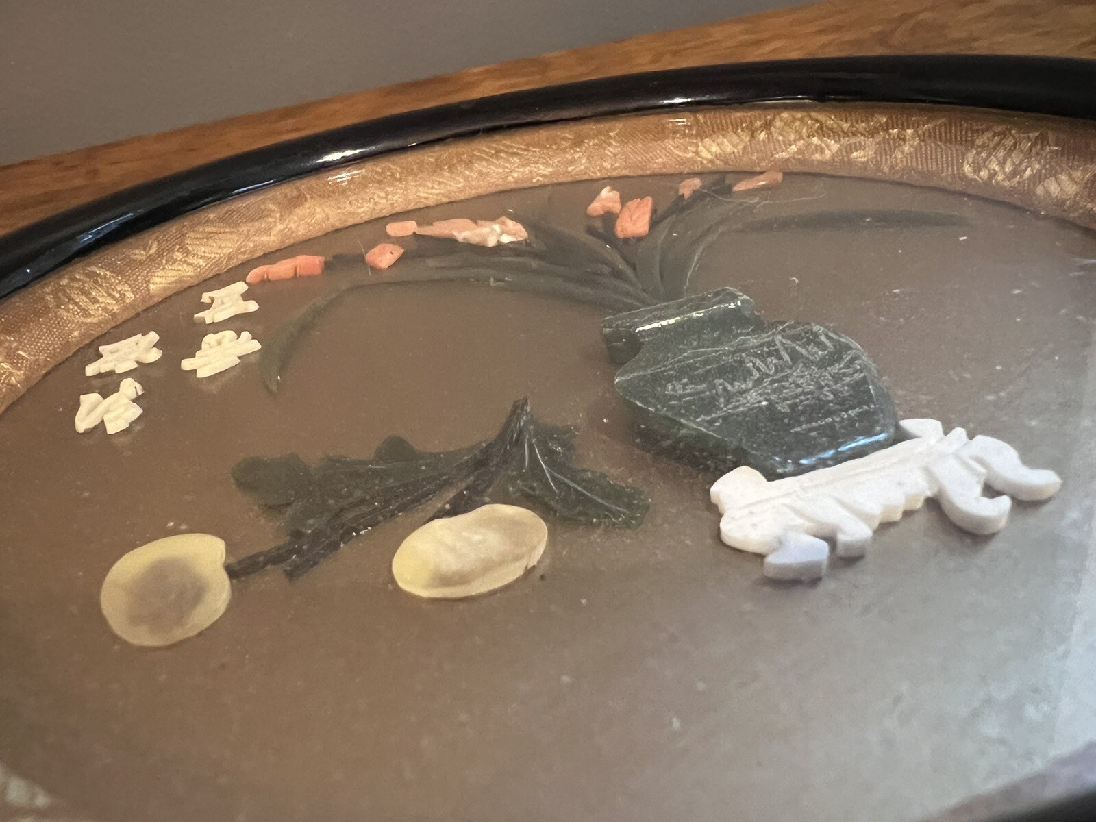 Vintage Asian Oriental Decor Shadow Box Carved Stone Flowers Vase