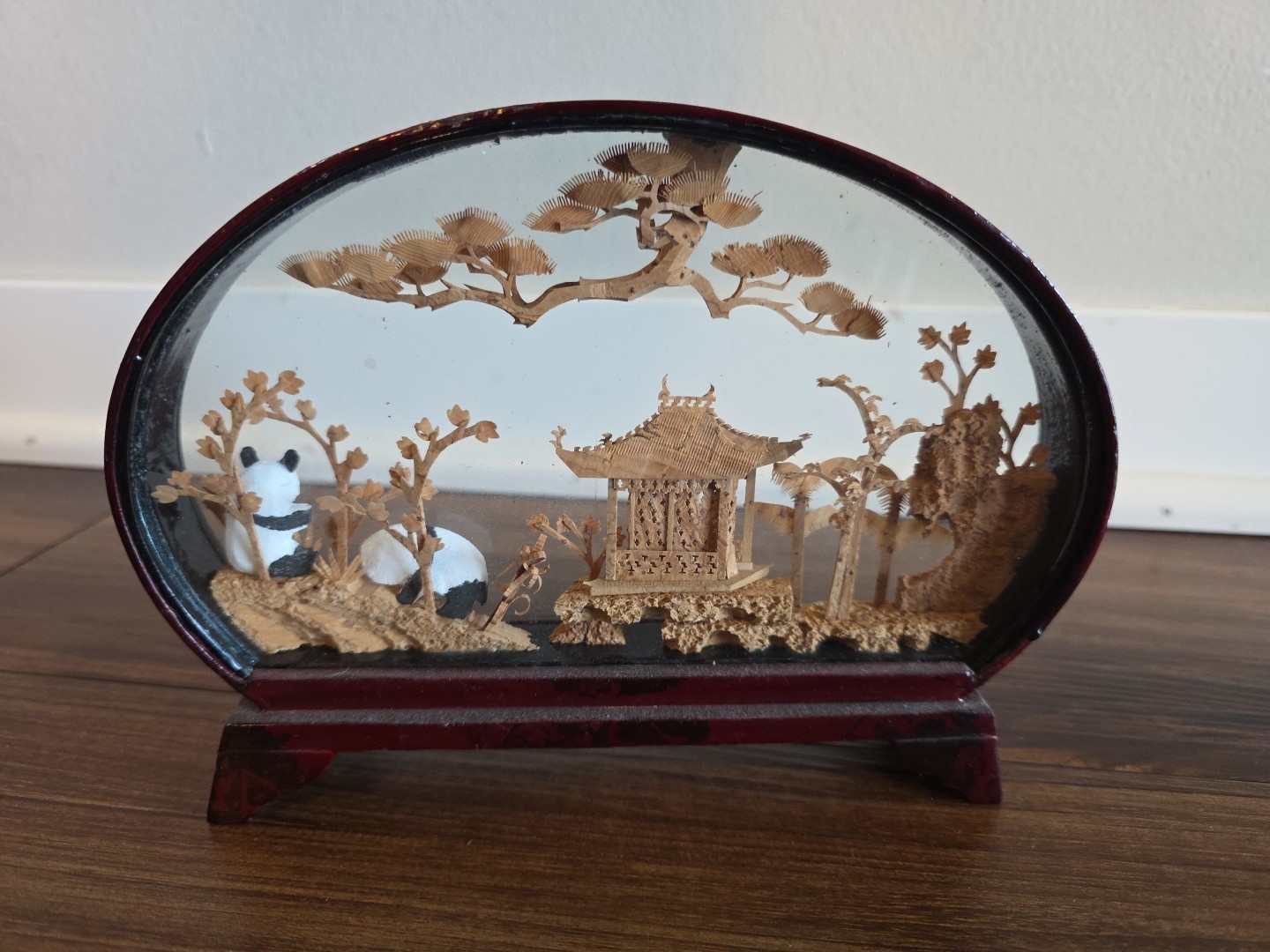World Market Carved Corkwood Diorama Pandas Chinese Vintage