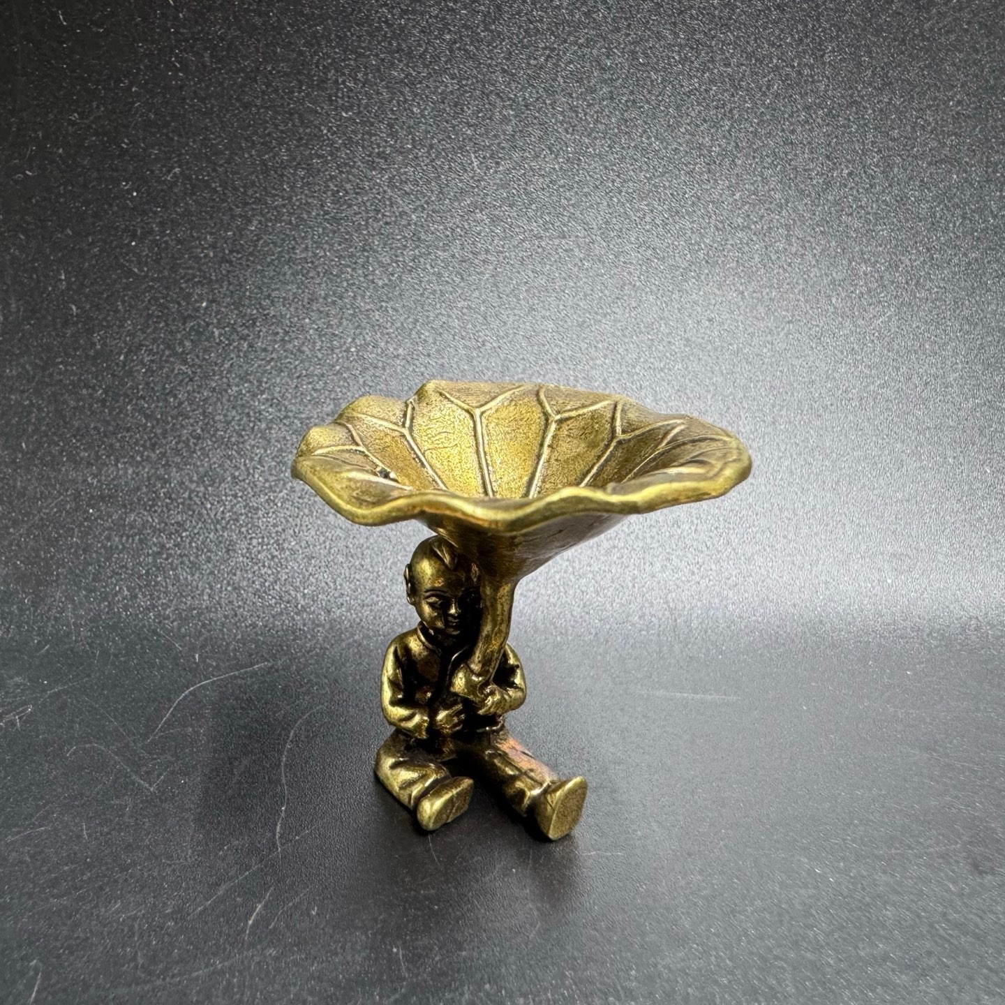 Vintage Brass Boy Holding Lotus Leaf Tray Incense Holder Tiny Jewelry Storage