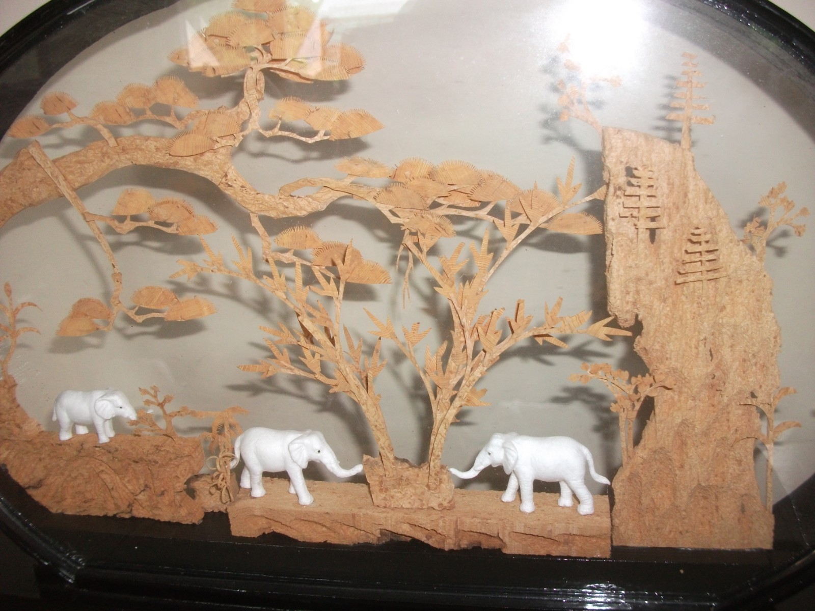 Vintage Chinese Cork Carving Diorama W/ Elephants Lacquered Shadowbox 20″ long