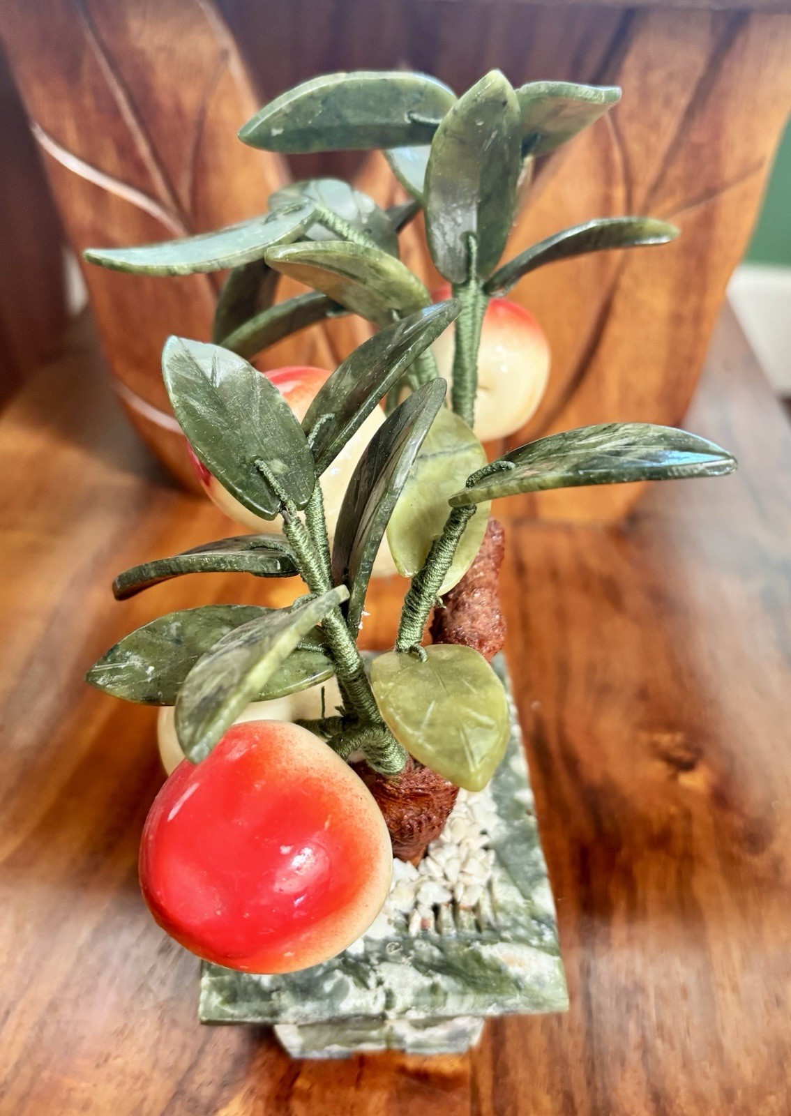VTG Chinese Glass Jade Bonsai Tree with Plums in Rectangular Planter 7.5″ Tall