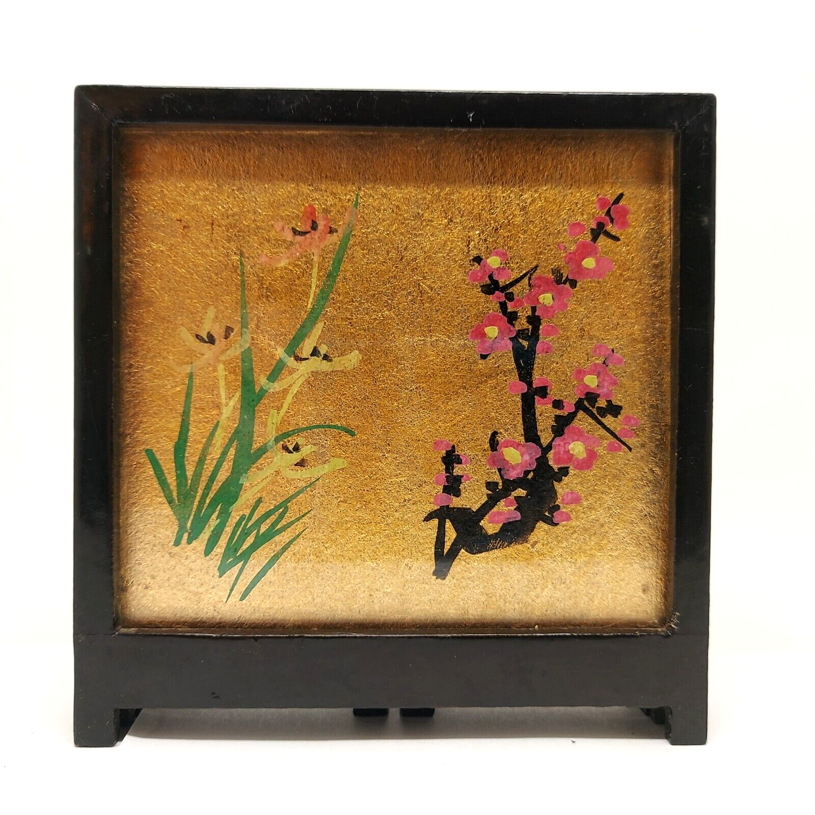 2 Vtg Small 3 Panel Table Top Screens Hand Painted Silk Cranes Birds Flowers