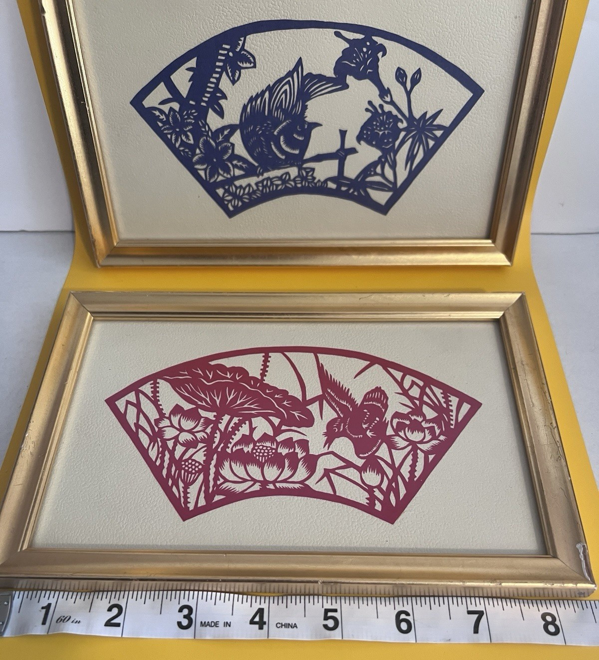 Vintage Traditional Paper cuts “Good Luck” Framed Blue/Red Set Of 2
