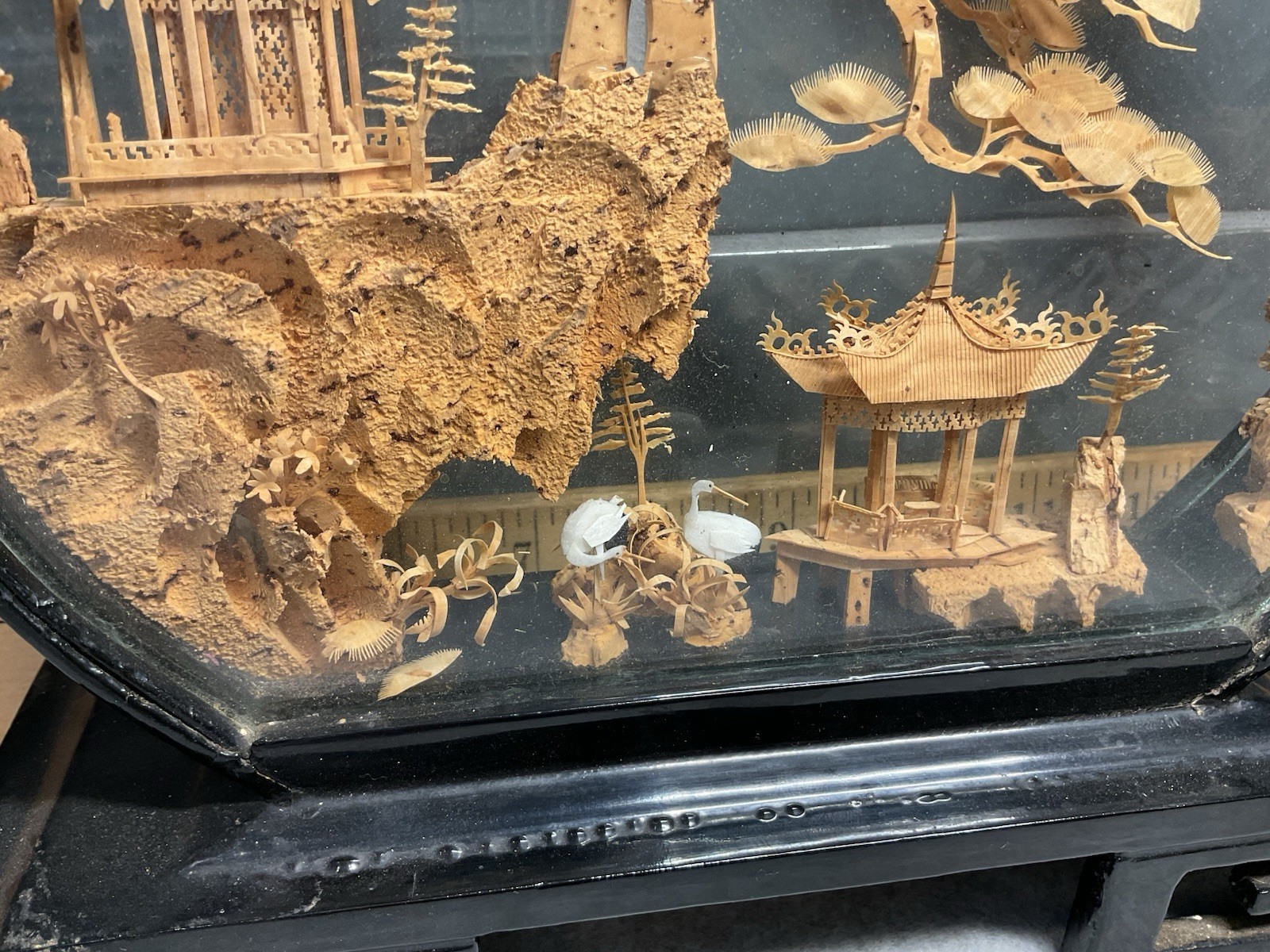Vintage Asian Cork Art Diorama Hand Carved Black Lacquer Frame 9 X 9 Tree Bird