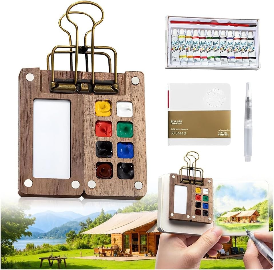 Mini Watercolor Paint Set Pocket Travel Water Color Set with 16 Color Sketchbook