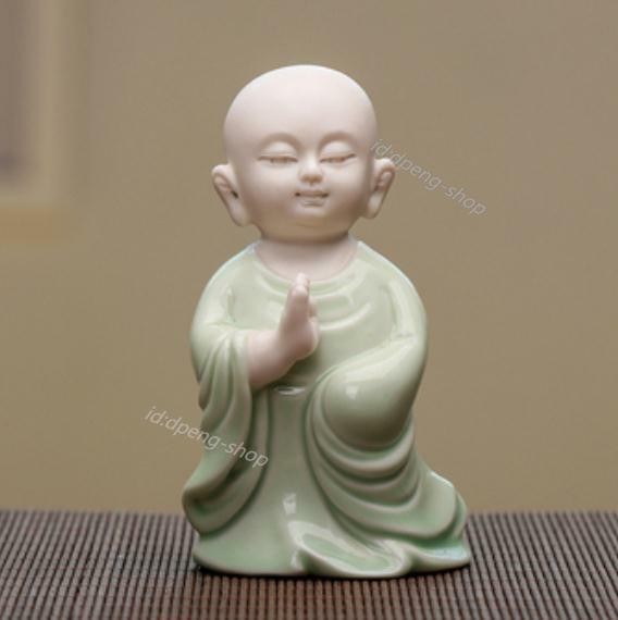3.5″Chinese Celadon Porcelain Ceramics Lovable Little Stand Monk Figurine Statue