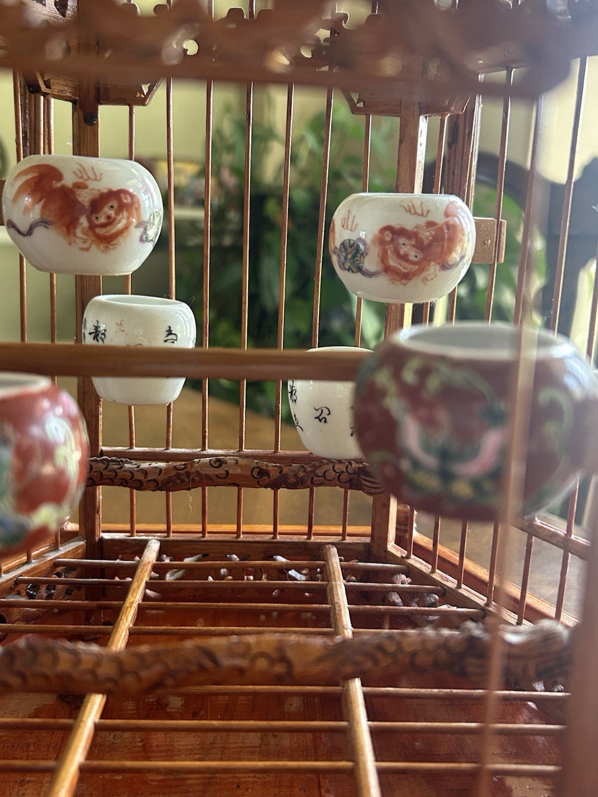 Antique Chinese Bamboo Bird Cage Hand Carved Vintage Feeders