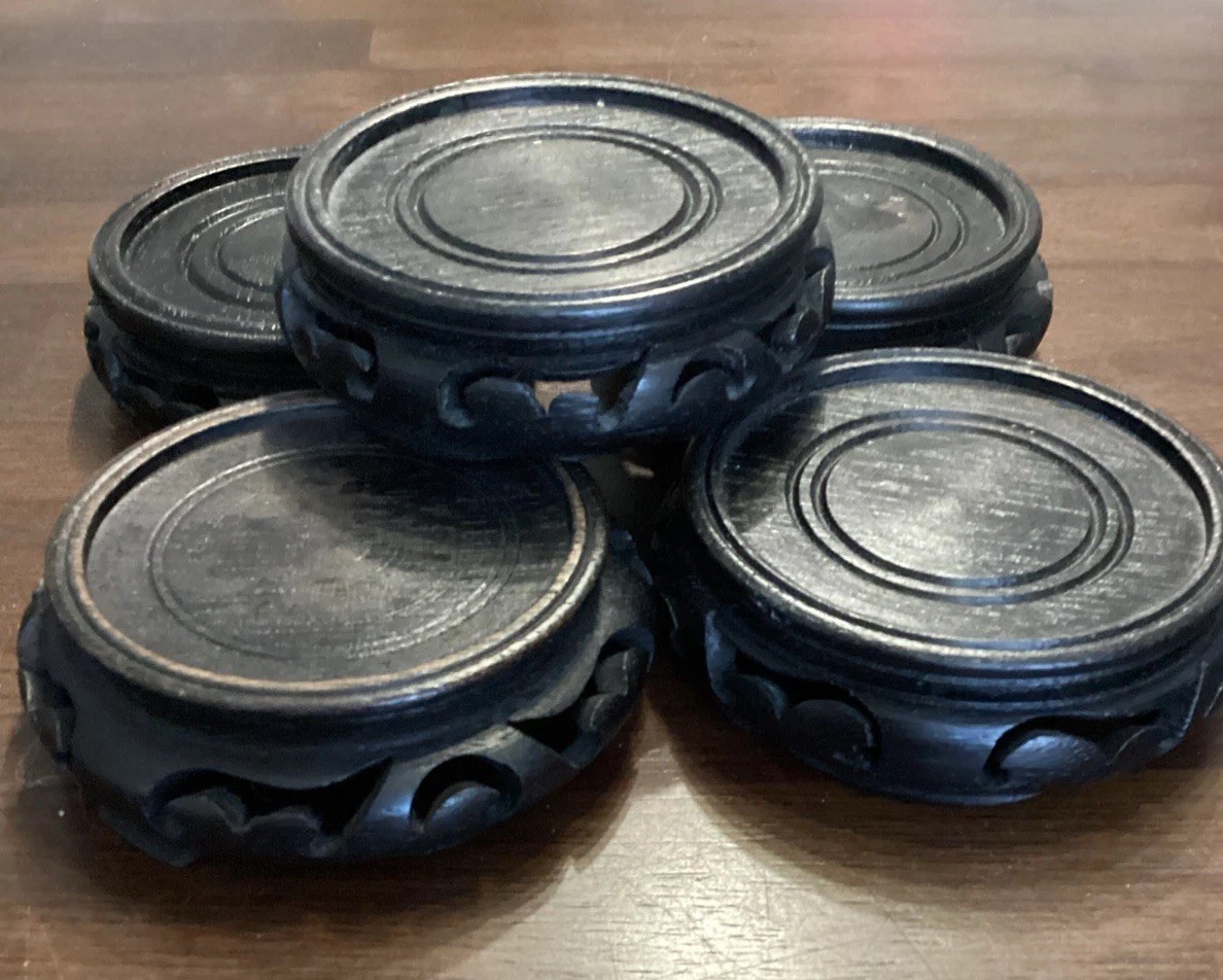 Chinese Hand Carved Wooden Round Display Stand Lot Of 5