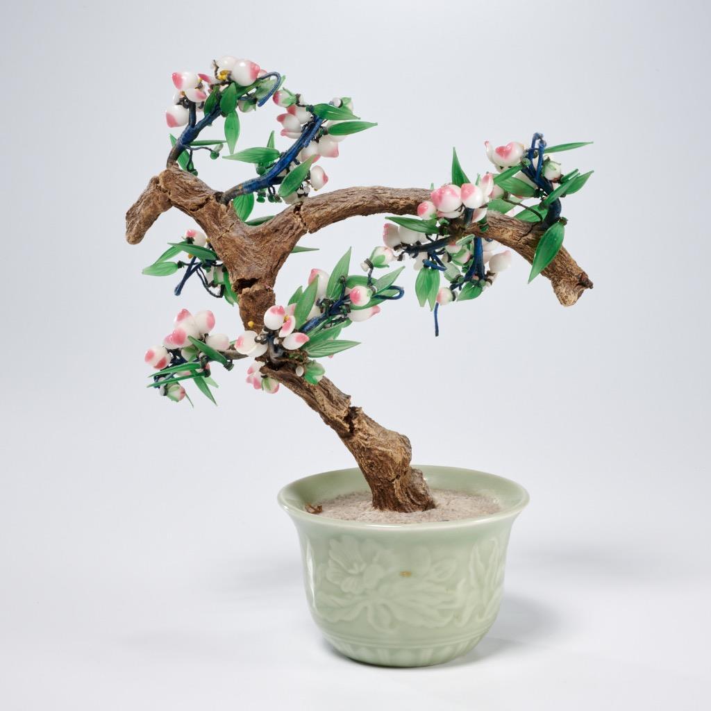 Chinese Jade Glass Stone Bonsai Multicolored Celadon Pot Trees 2pc Lot 17″l 8″l