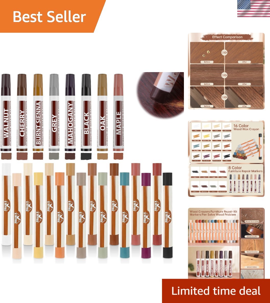 Fast-Drying Wood Repair Kit: 16 Color Match Sticks & Permanent Touch-Up Pens