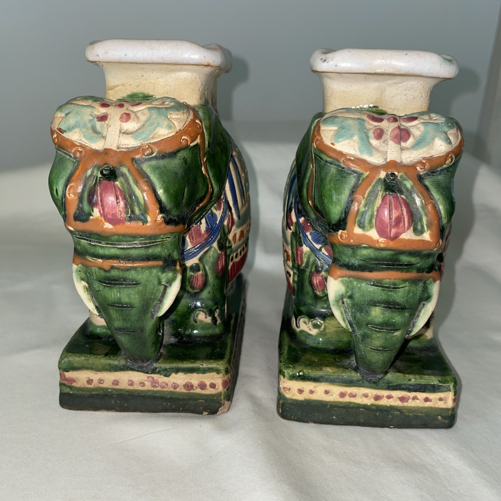 VTG Pr of Ceramic Hand Painted Majolica Asian Elephant Statue