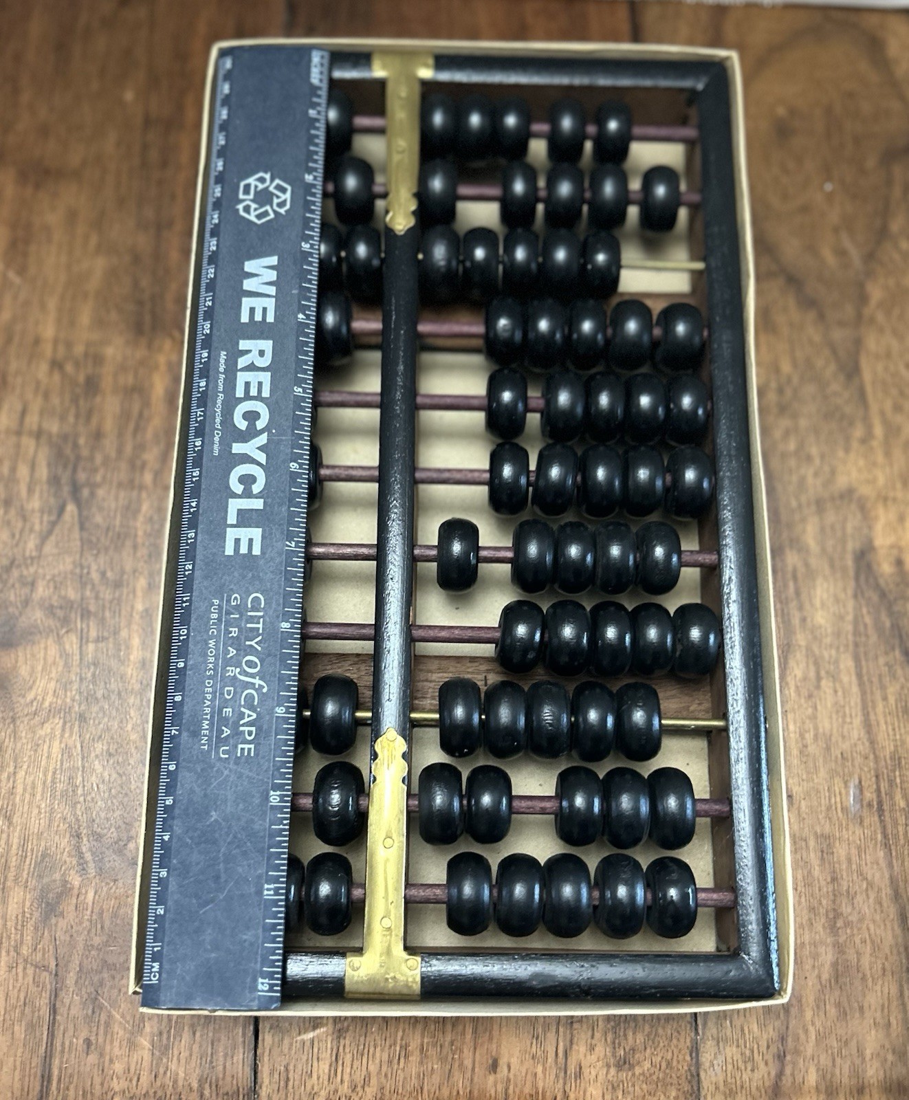 Vintage Lotus – Flower Brand ABACUS Black Painted Wood with Brass Accents 12”