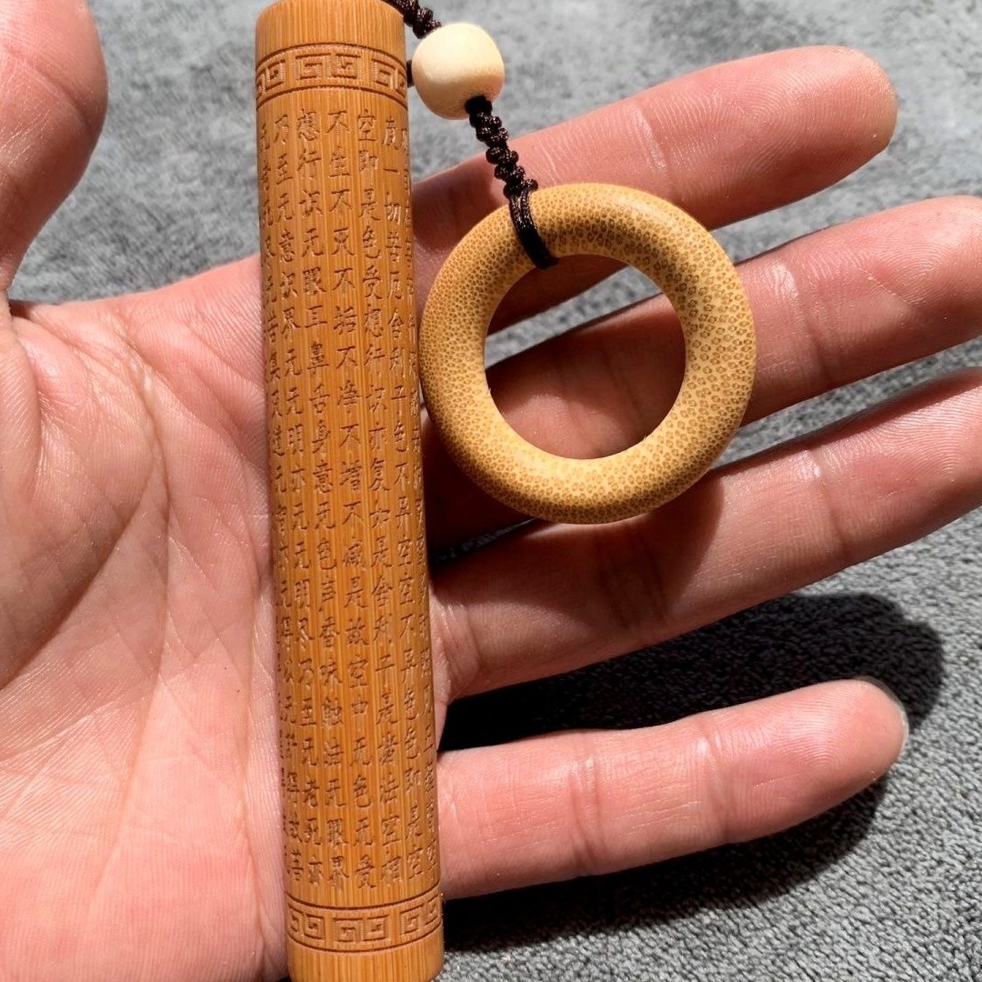 Solid Bamboo Heart Sutra Carving Handheld Wenwan Pendant 10-12cm