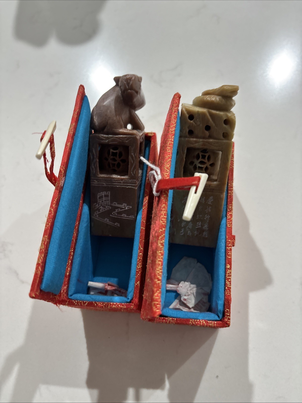 Two CHINESE JADE / SOAPSTONE SEALS STAMP WITH BOXes With The Names